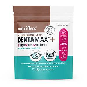 NutriFlex DentaMax Beef Bone Broth Fusion Dental Powder for Dogs and Cats - 100g pouch. Promotes oral health by reducing plaque, tartar, and bad breath. Features Norwegian kelp and pet collagen for healthy gums and fresh breath.
