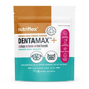 NutriFlex DentaMax Chicken Bone Broth Fusion Dental Powder for Dogs and Cats—100g pouch. This product promotes oral health by reducing plaque, tartar, and bad breath. It features Norwegian kelp and pet collagen for clean teeth, healthy gums and fresh breath.