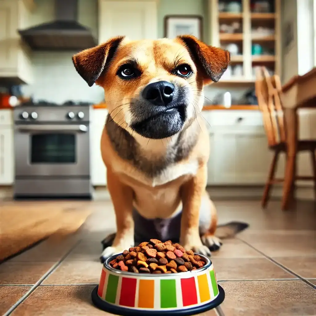 dog turning its nose up at a bowl of food. The dog, with a slightly scrunched up face and raised nose, is sitting in front of a bowl filled with dog